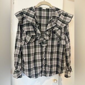 Veronica Beard Black and White Plaid Ruffle Shirt